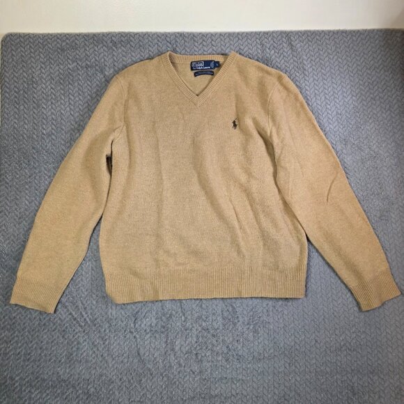 Polo Ralph Lauren 100% Lambswool V-Neck Sweater Men’s Size L Beige Camel Knit Pu - Picture 1 of 7